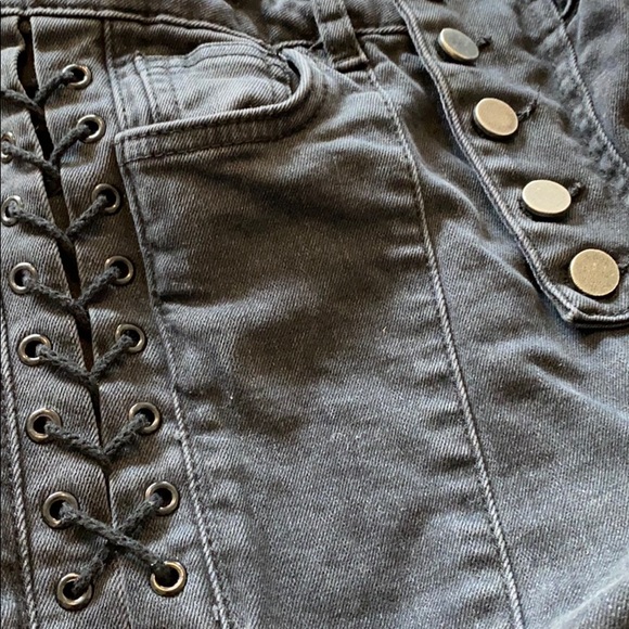 asymmetrical black button fly cropped lace up jeans - Picture 10 of 16